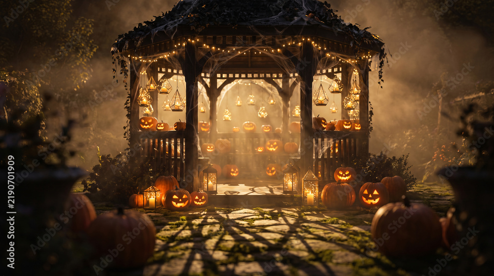 Fototapeta premium Wooden garden gazebo draped with cobwebs, filled with lit jack-o'-lanterns and hanging lanterns, fog surrounds magical Halloween night scenery.
