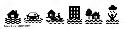 Black flood disaster silhouette icons illustrating various emergency situations including flooded houses cars buildings and people in danger from rising water levels