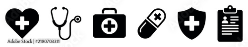 Medical and healthcare icon set featuring a heart with cross stethoscope first aid kit pill capsule shield with cross and patient medical record clipboard