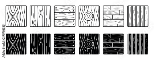 Wood grain texture square icons featuring various timber patterns including planks tree rings and natural wooden board designs in both outline and solid black styles
