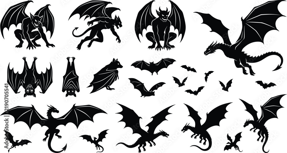 Obraz premium Gothic Dragon and Bat Silhouette Collection for Halloween Horror and Fantasy Designs