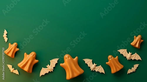 A festive Halloween flat lay featuring orange ghost and beige bat figurines arranged on a deep green background for seasonal marketing