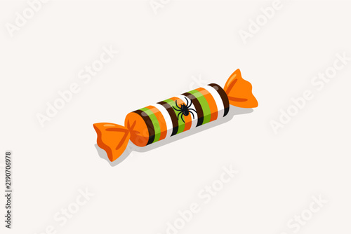 Striped Halloween Candy with Spider Vector Illustration, Wrapped Sweet Isolated on Background