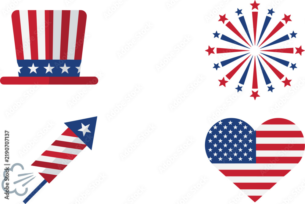 Obraz premium United States Independence Day vector icon set featuring Uncle Sam top hat bursting fireworks rocket and American flag patriotic heart shape