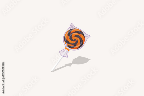 Halloween Swirl Lollipop Vector Illustration, Orange and Black Spiral Candy on Stick Isolated on Background
