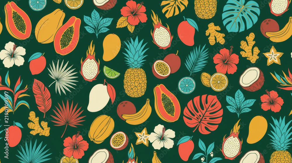 Seamless tropical pattern with pineapple, papaya, mango, banana, coconut, palm leaves and exotic flowers flat vector illustration on green background