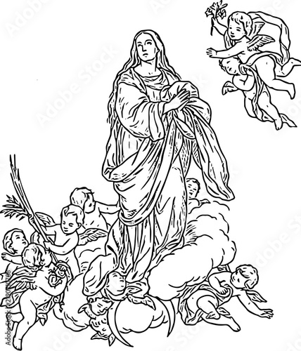 Virgin Mary Immaculate Conception Line Art Vector Illustration, Catholic Religious Line Drawing Isolated on Transparent Background