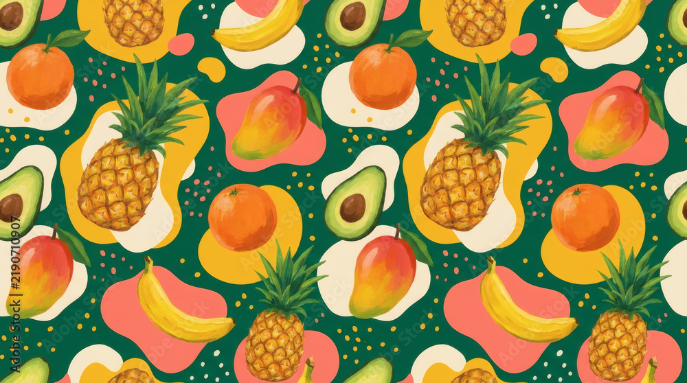 Seamless pattern of tropical fruits with pineapple, mango, banana, avocado and peach flat vector illustration on green background