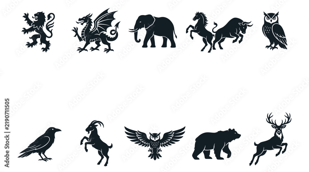 Obraz premium Majestic animal silhouettes collection featuring diverse wildlife creatures designed as high quality black vector graphic illustrations