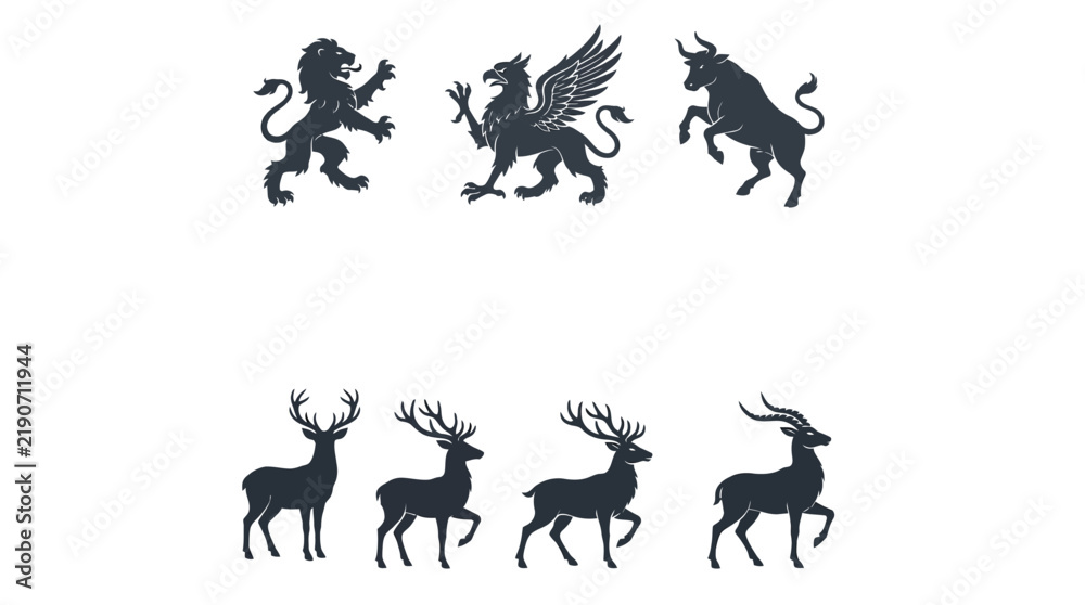 Obraz premium Majestic heraldic animal silhouettes featuring lion griffin bull and various deer species in flat vector design
