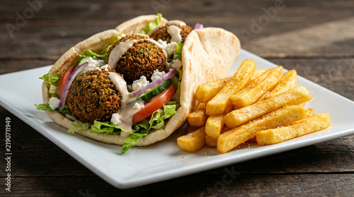Falafel pita wrap with fresh vegetables | Golden crispy french fries side dish | Middle Eastern vegetarian street food | Mediterranean lunch plate on rustic wood