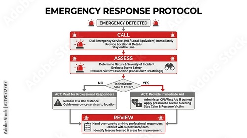 Emergency response protocol flowchart, medical first aid procedure diagram, workplace safety crisis management plan with red and white icons
