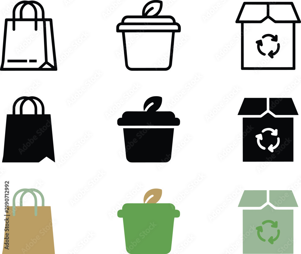 Obraz premium Eco Friendly Shopping Bag, Compostable Container and Recyclable Cardboard Box Icon Set
