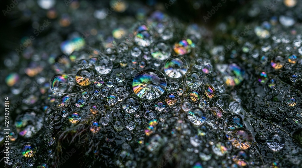 Obraz premium Water droplets reflecting iridescent colors on moss surface