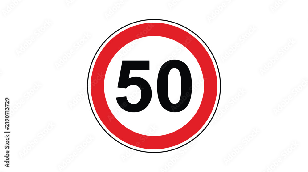 Obraz premium Speed limit road sign fifty vector illustration featuring a bold red circle and black numbers on a stark white background