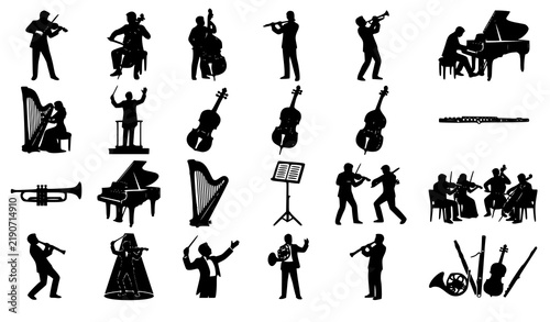 Musical Performer Violin Cello Flute Harp Trumpet Piano Silhouette SVG Set