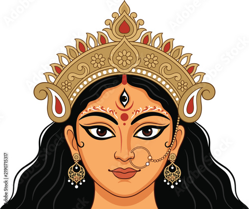 Goddess Durga Face Vector Illustration with Golden Crown Ornate Jewelry and Third Eye for Subho Mahalaya and Navratri Festive Graphic Designs