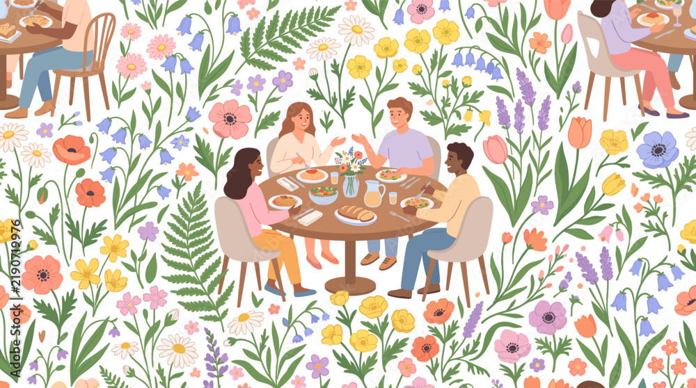 Obraz premium Diverse group of friends enjoying a meal together surrounded by a vibrant floral pattern