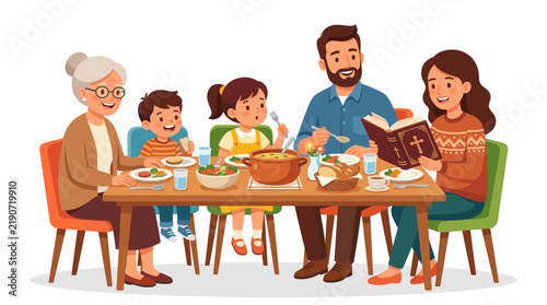 A multi-generational family enjoys a shared meal together, with the mother reading from a holy book