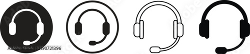 Collection of four different headset silhouettes against a white background representing communication and audio technology silhouette