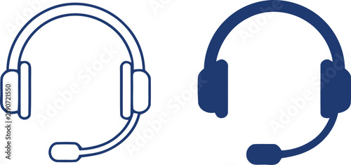 Two blue line art headphones with microphones on a white background a modern silhouette