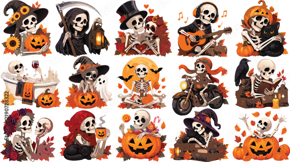 Fototapeta premium Halloween Skeleton and Grim Reaper Character Clipart Collection
