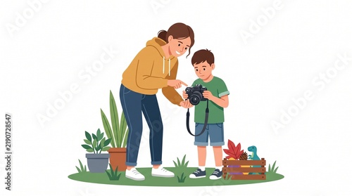 A mother and son learning about photography together, with the son holding a camera. 
