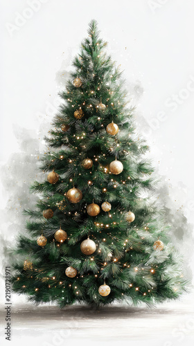 Decorated christmas tree highlighting holiday spirit and festive celebration with elegant ornaments and glittering lights, positioned against a snowy background offering generous vertical copy space