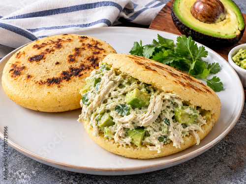 Venezuelan Chicken and Avocado Arepas on Rustic Plate