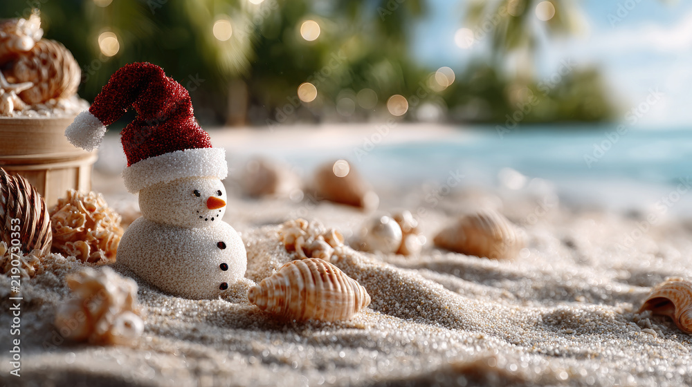 Obraz premium Snowman wearing santa hat celebrating christmas on tropical beach with seashells, enjoying sunny holiday vacation, winter season escape concept, offering copy space