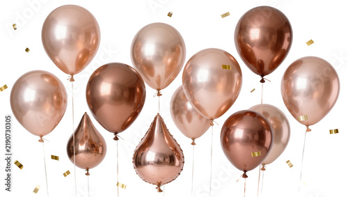 Collection of rose gold balloons and teardrop shapes, isolated on transparent background