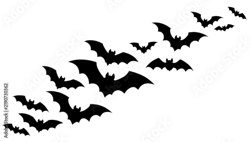 Fotografie Flock of black bats flying in formation, isolated on transparent background