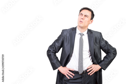 Focused confident man in elegant suit squinting eyes while thinking over issue