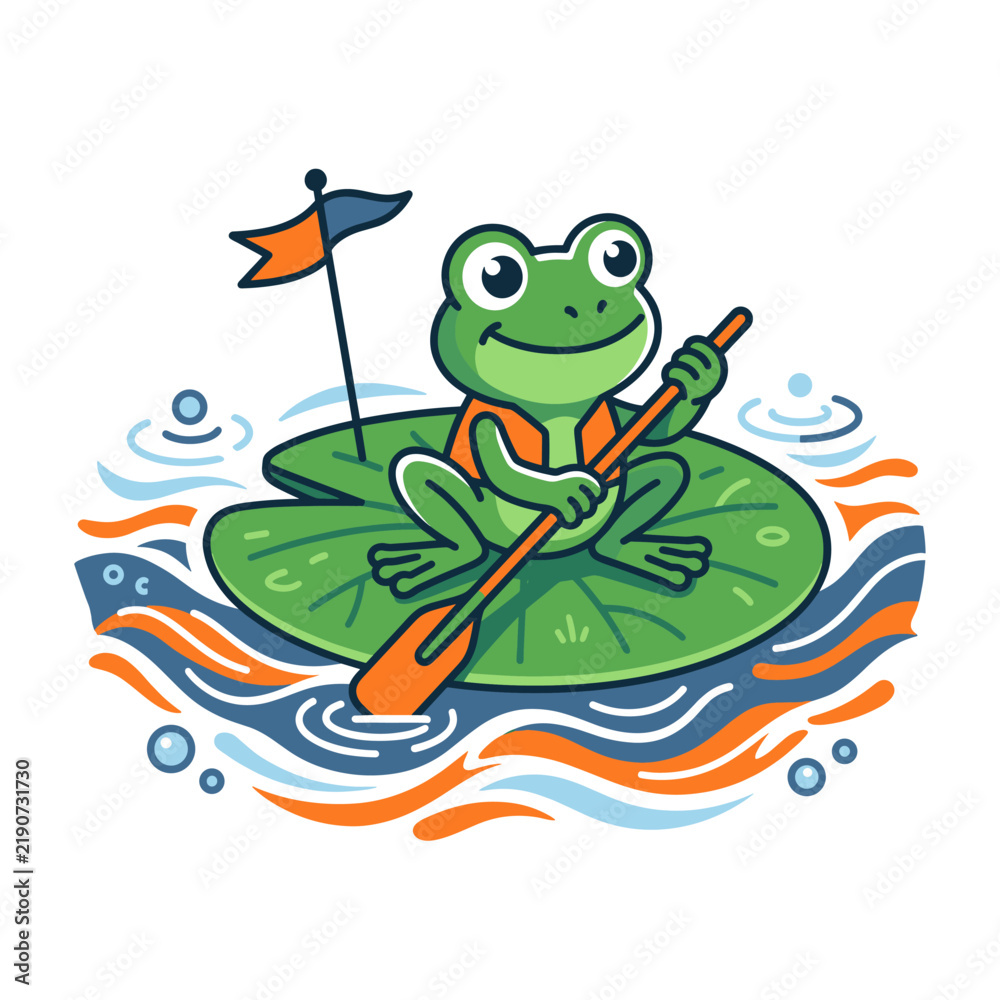 Obraz premium Cartoon frog riding lily pad in serene pond ecosystem with clean vector style and transparent background