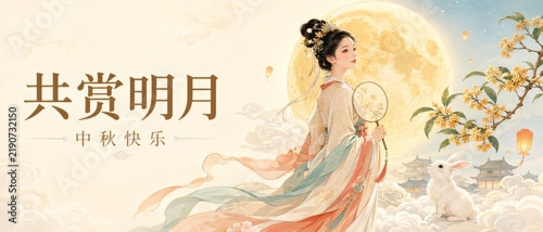 Mid Autumn Festival celebration featuring traditional attire, full moon, lanterns, and rabbit