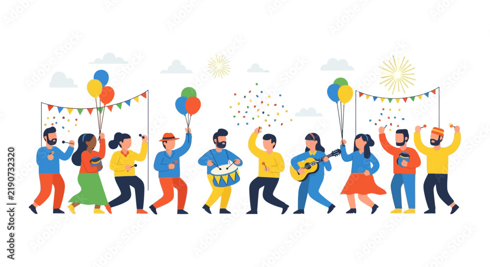 Fototapeta premium Celebration with people balloons and fireworks a vector illustration