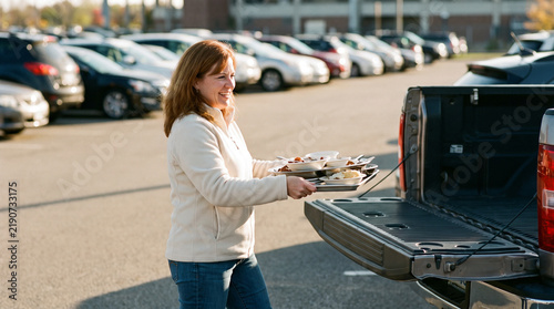 Woman carrying a tray of food to a tailgate table in a stadium car park