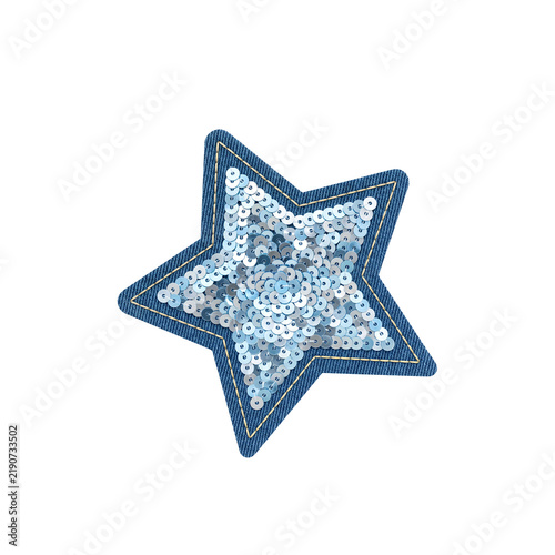 Obraz na płótnie Blue denim star patch with light blue sequin inlay isolated on transparent background clothing art