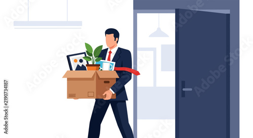 Man carrying cardboard box with office items vector illustration