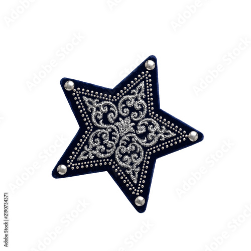 Fotografie Dark blue velvet star patch featuring sparkling silver scrollwork and metal studs for craft design