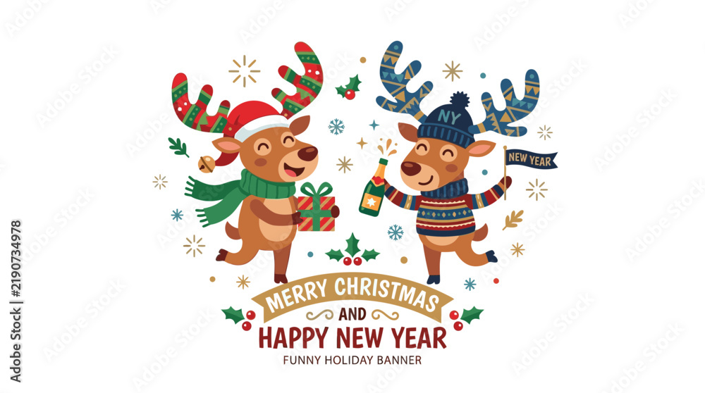 Naklejka premium Cute Reindeer Couple Celebrating Christmas and New Year