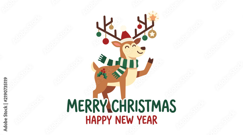 Fototapeta premium Cute Christmas Reindeer Wearing Scarf and Hat