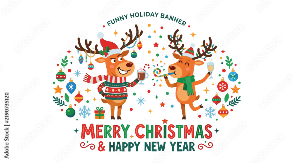 Fototapeta premium Funny Reindeer Couple Celebrating Christmas and New Year