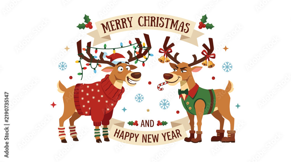 Fototapeta premium Two cartoon reindeer celebrating Christmas and New Year