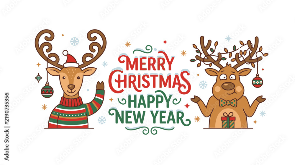 Naklejka premium Cute Reindeer Characters Wishing Merry Christmas and Happy New Year