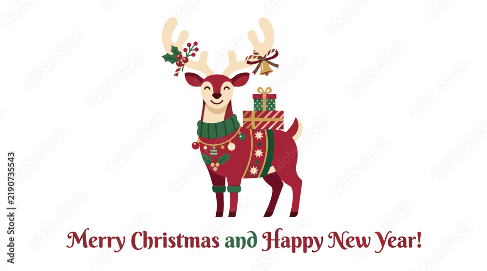 Fototapeta premium Cute Reindeer Character with Gifts and Festive Attire