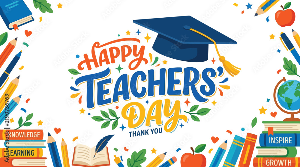 Naklejka premium Happy Teachers Day lettering, colorful hand drawn typography, vector illustration with school supplies, graduation cap, books, pencils, apple, globe