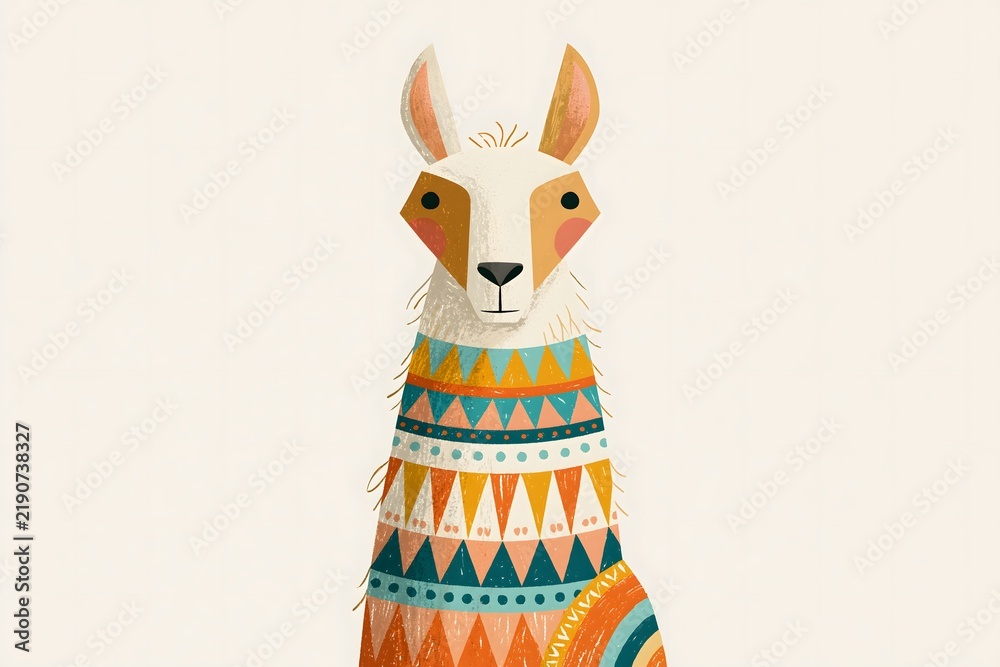 Fototapeta premium Illustration of a cute llama with colorful geometric folk patterns on its neck. Playful, Scandinavian-style animal character art with soft pastel tones, perfect for nursery decor and prints.