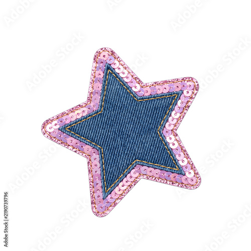 Konstfotografi Star-shaped denim patch with pink sequin border provides fashionable textile accessory for apparel