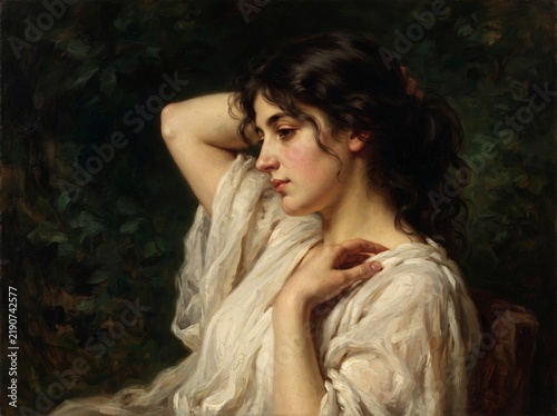 Classical oil painting portrait of a young woman in a white dress touching her dark hair